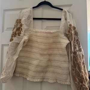 Anthropologie Cream and Brown Embroidered Blouse